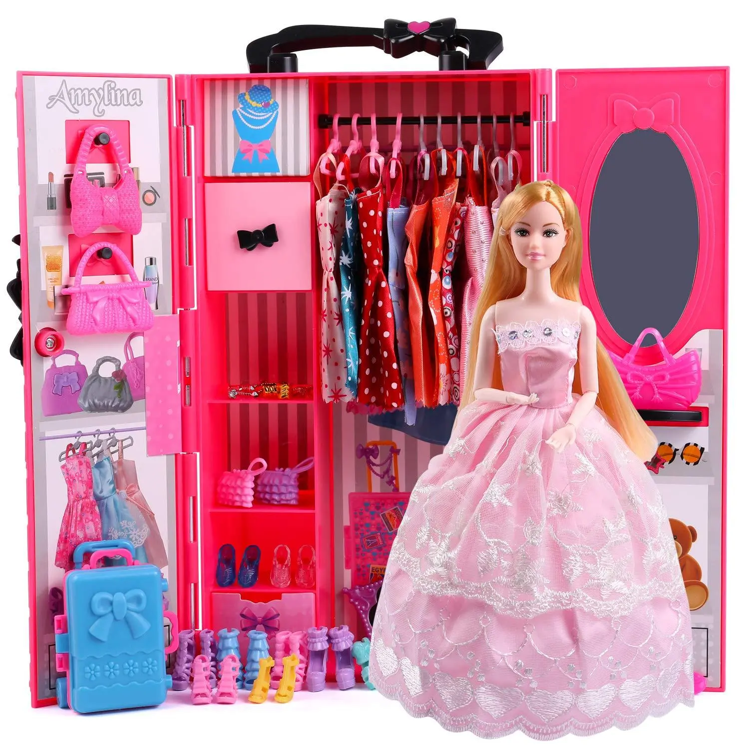 11.5" Fashion Doll Set with Wardrobe & 20+ Outfits | Styling Playset for Girls Ages 3-8 | Birthday & Christmas Gift | Dress-Up Dollhouse with Accessories (UCanaan)