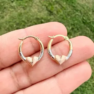 14k Real Gold Heart Hoop Earrings Tri-color Yellow,Rose and  White Gold / Small heart Design.