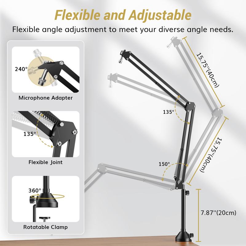 TONOR T10 Microphone Boom Arm with Extra-large Pop Filter for Various Microphones Accessories Telescopic Stand Metal