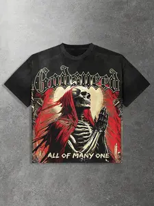 Godspeed with Praying Skeleton and "All Of Many One" Men's Distressed Washed Graphic Tee - Gothic-Inspired Crew Neck Hip Hop Streetwear with Harajuku Y2K Vibes - Casual Summer Top