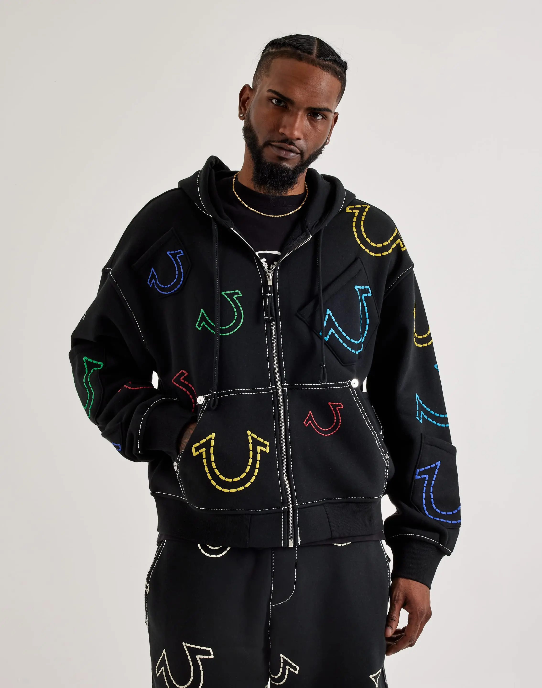 Mens True Religion Big T Cinched Full-Zip Fleece Hoodie