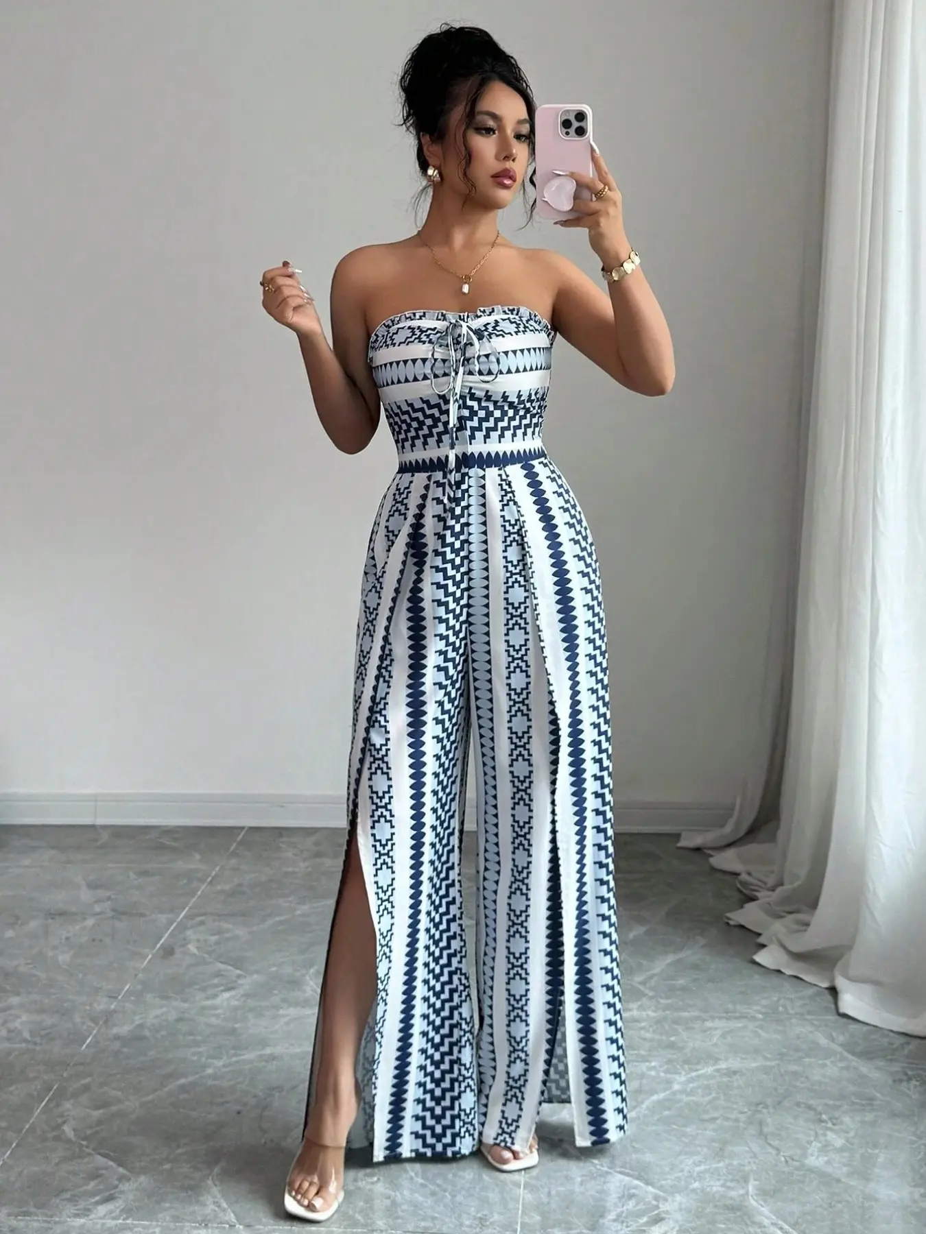 Breathable Flowy Wide Leg Geometric Printed Bohemian Jumpsuit, Sleeveless Boho Style, High Waist, Leaf Print, Split Thigh Slit, Perfect for Beach, Work, Date Night
