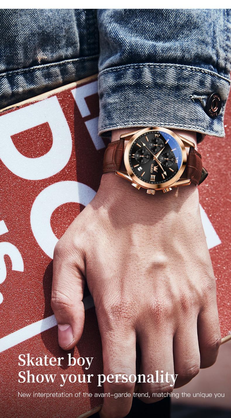OLEVS Watch for Men Leather Casual Chronograph Analog Dress Strap Waterproof Luminous Fashion Easy to Read Gold Case Mans Watches