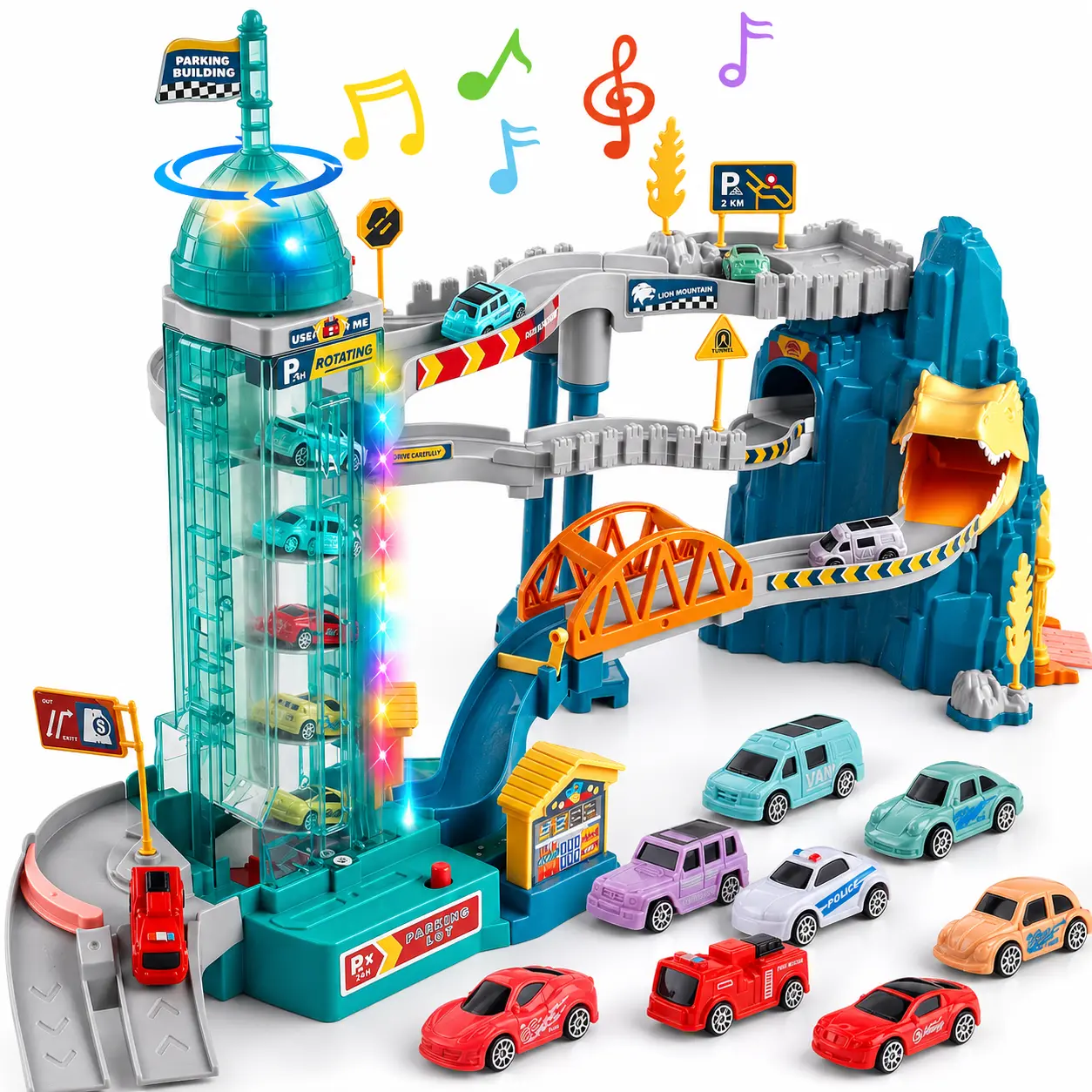 Dinosaur Race Track Set for Kids, Electric Spiral Elevator Car Track Toy with Parking Garage, Bridge, Dinosaur Tunnel, Mini Vehicles, Lights & Music Racing Playset for Boys Girls