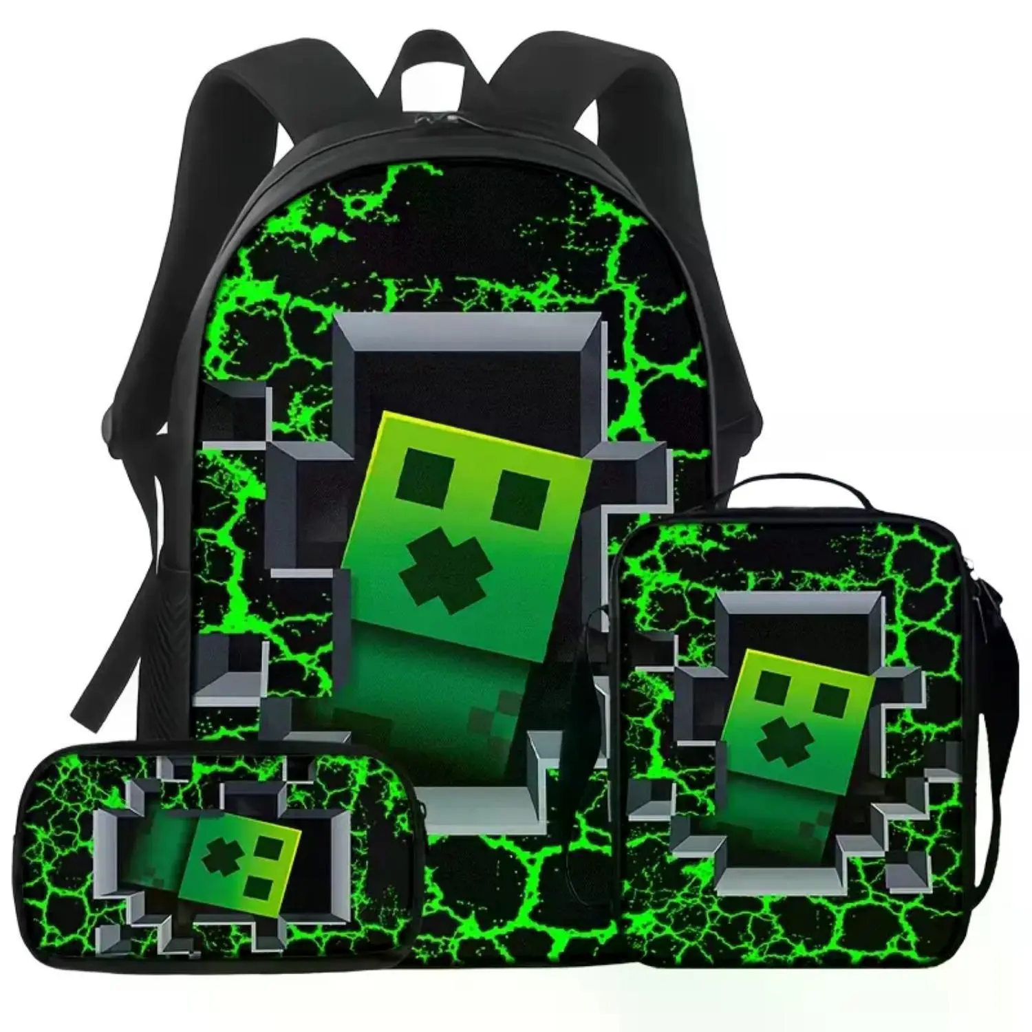 Green Pixel Monster Backpack Set: 3-Piece Block Style Gaming Bookbag for Kids and Teens with Matching Lunch Bag and Pencil Case - Perfect Gamer Travel Daypack and Back to School Gift