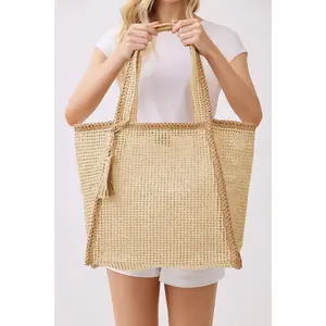 Two Tone Woven Straw Beach Tote Bag