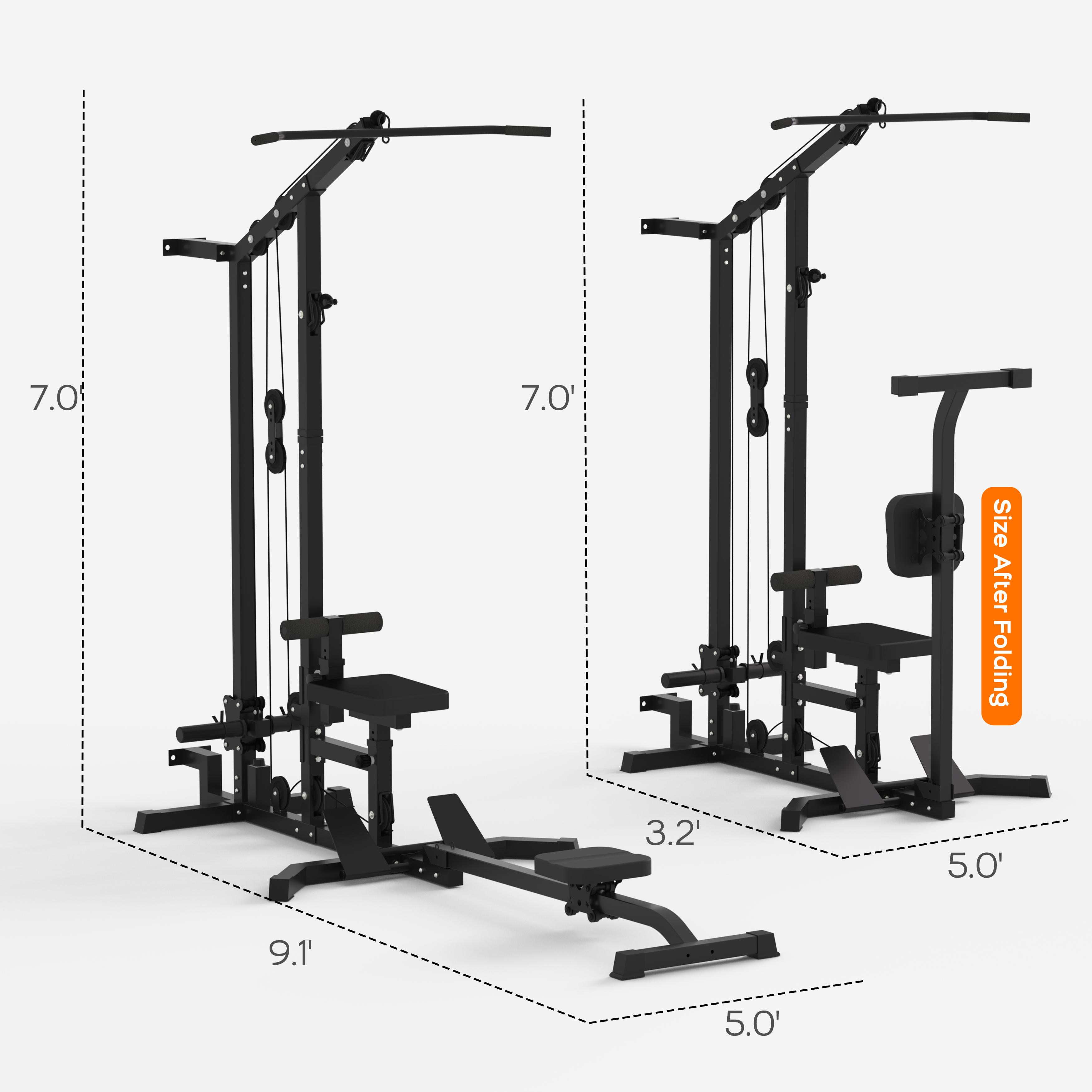 TOUSAINS LAT Tower Pulldown Machine for Home Gym, High & Low Pulley System with Seated Row, Ab Crunch Harness, Flip-Up Footplate & Barbell Clamps