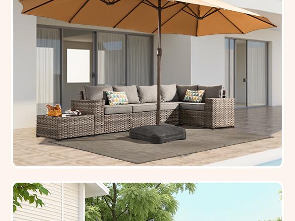 [March Clearance Price] OOSWIFT 14.5 ft Large Patio Umbrella with Solar LED Lights & Base, Extra Large Outdoor Twin Umbrella w/36 Lights, for Patio Garden Pool Lawn Backyard, Base Included, Sunshade Canopy