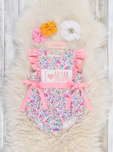 Coral Floral "I Love Mom" Smocked Bubble Romper