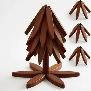 Natural Wooden Tree Trivet Set of 4, Foldable Heat Resistant Pot Holders for Hot Pots and Pans, Decorative Kitchen Table Protector, Eco Friendly Wood Trivets for Cooking and Dining