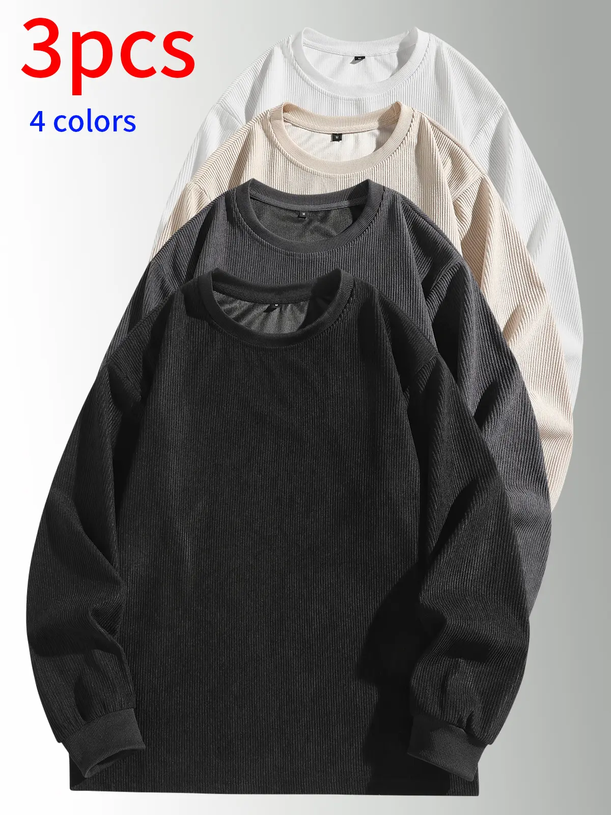 3-pack men’s sweatshirts: crewneck pullover, corduroy crewneck top, casual minimalist loose long-sleeve apparel; solid basic fit with vertical textured design; made from skin-friendly, breathable fabric—ideal for everyday commuting outfits.
