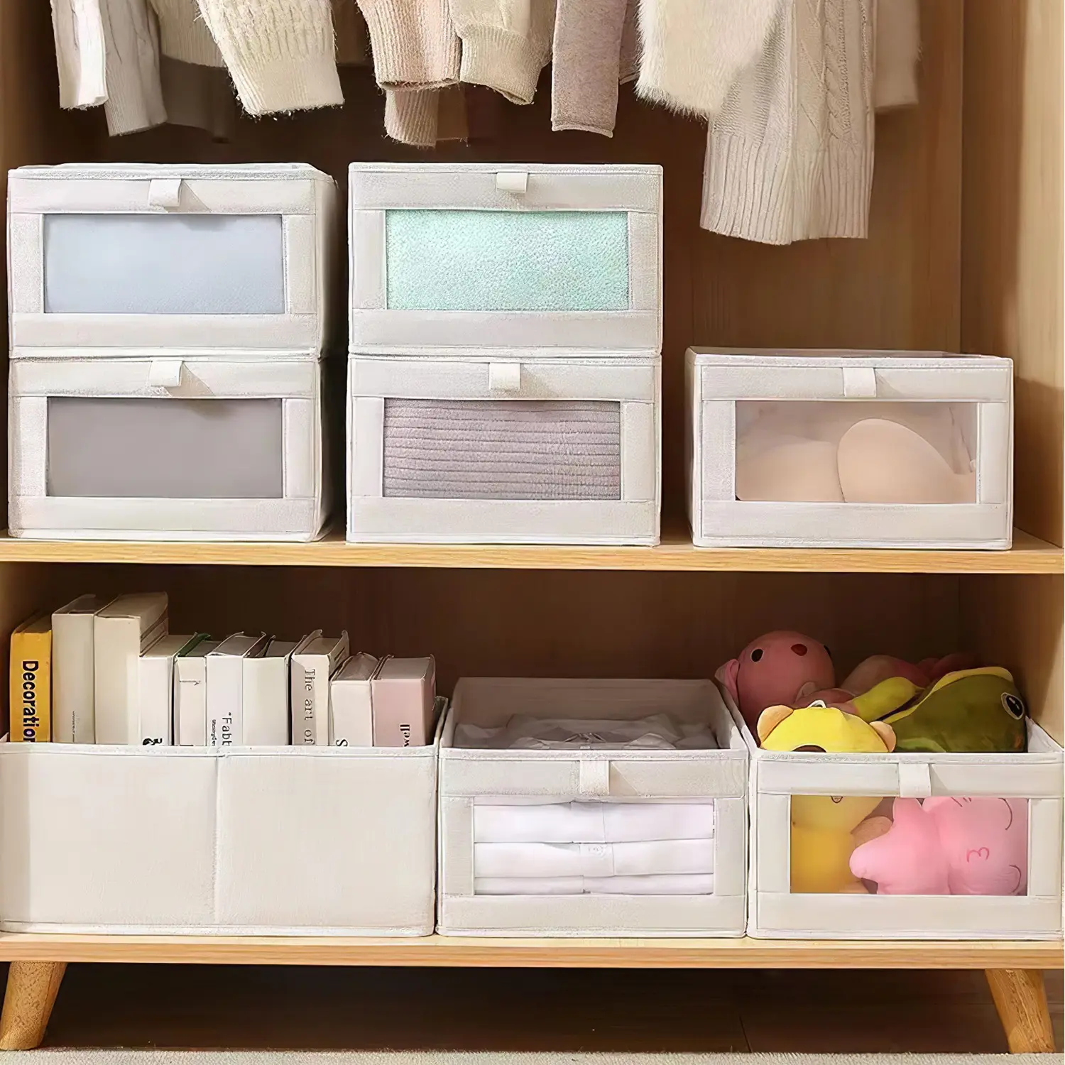 4Pcs Lightweight Linen Clothing Storage Bins with Visible Window, Convenient Handle, Collapsible Organiser for Closet Shelves, Bedroom
