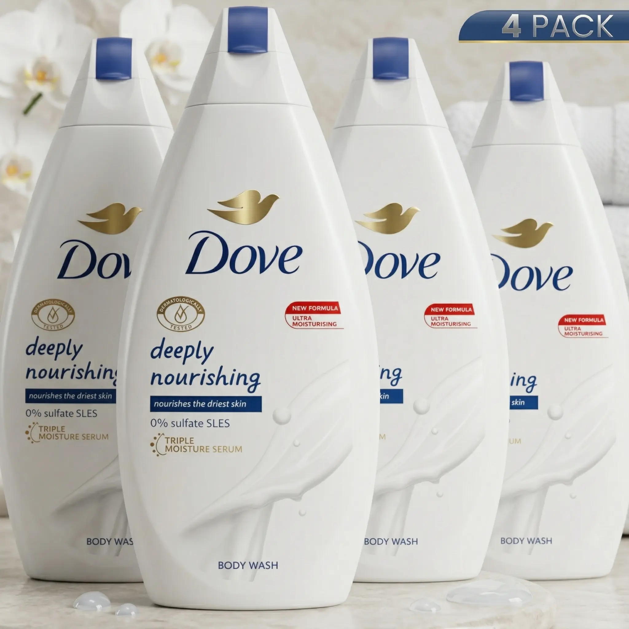 Dove Deeply Nourishing Body Wash with 1/4 Moisturizing Cream - Hydrating Daily Cleanser, Moisturizer for Softer Skin, 4-Pack (15.2 oz/450ml), Body Soap, Premium Body Wash
