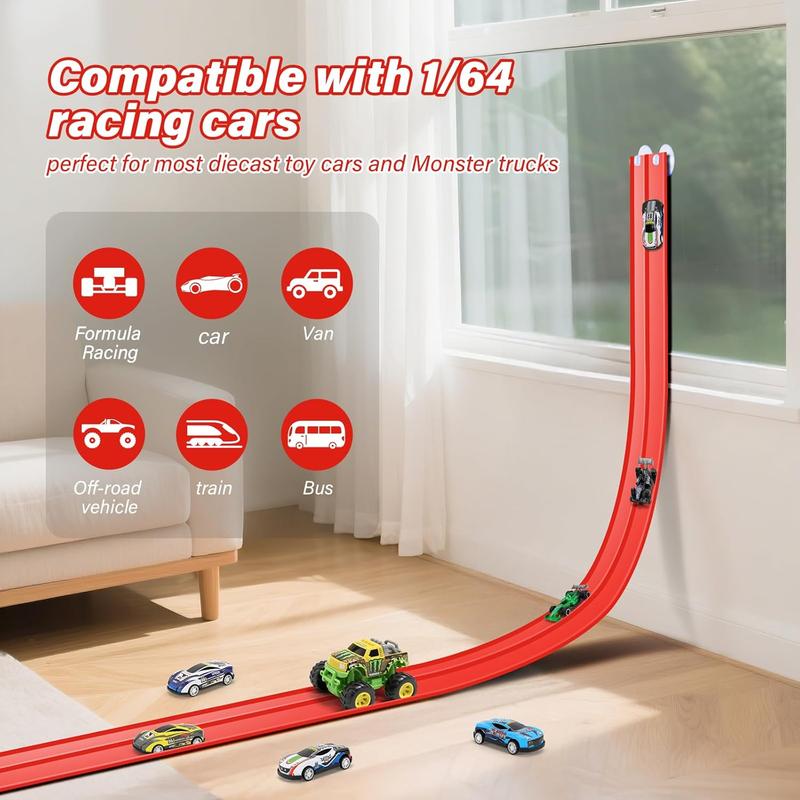 Flexible Race Car Track set - 15ft roll-Up Track with 4 Mini Cars & Suction Cups | Compitable with Hot Wheels & Diecasr Vehicles , Portable Indoor Racing Toy for Kids