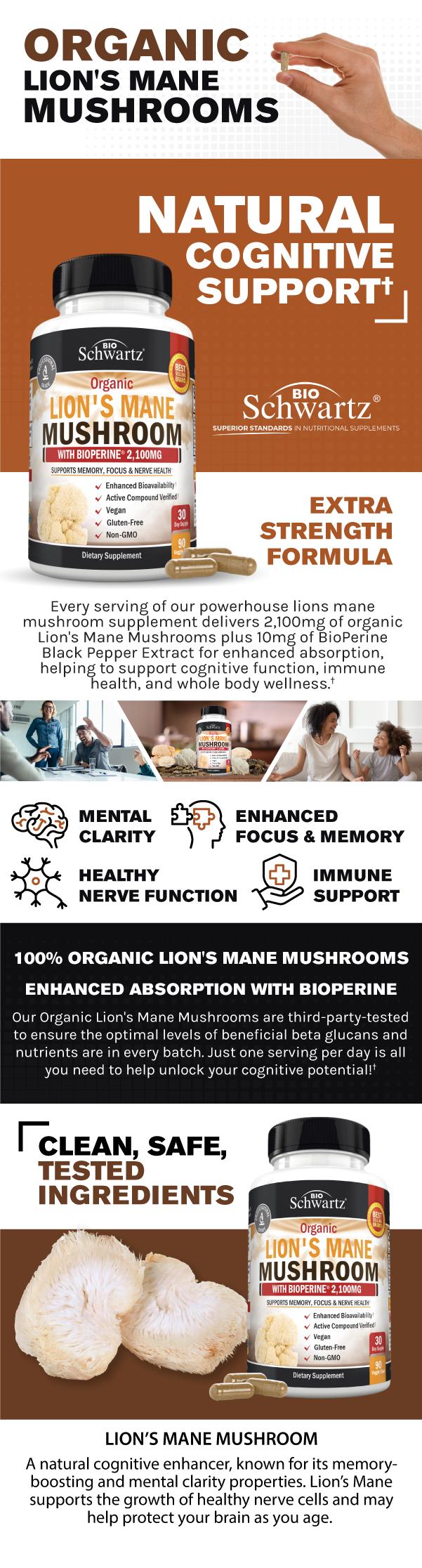 BioSchwartz Organic Lion's Mane Mushroom Capsules, Natural Nootropic Brain Support for Memory and Focus Supplement, 90 Count, 2100mg Lions Mane