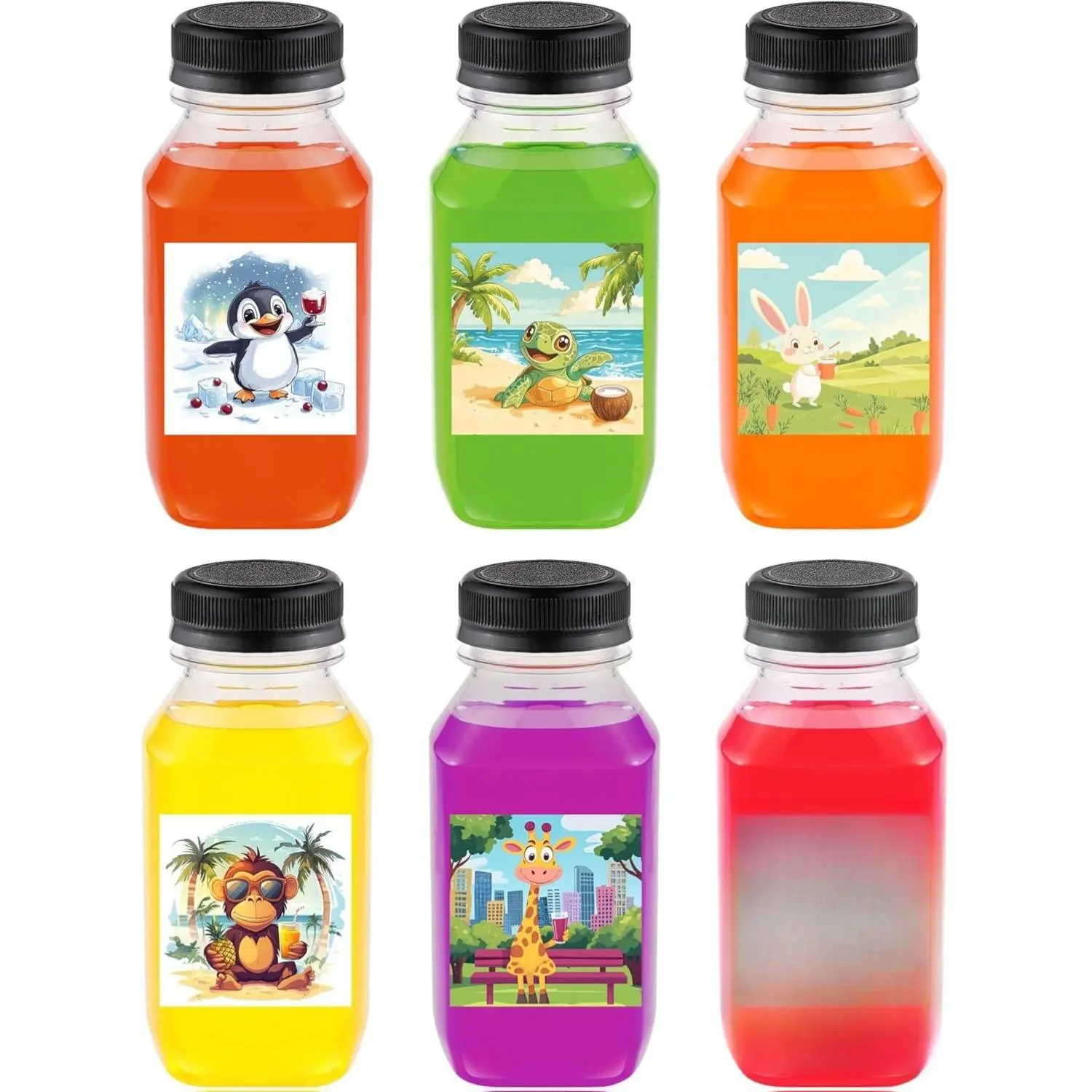 6PCS Juice Bottles with Caps, Reusable Plastic Small Empty Juicer Bottles for Juicing and Drinks (10oz, Stylish Labels) Beverage Coconut