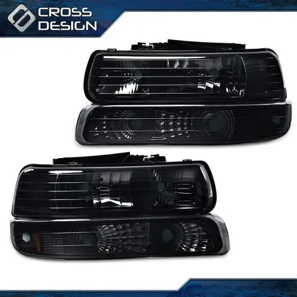 CROSSDESIGN Upper & Lower Truck-Mounted Headlight Assemblies, Smoked/Tinted Housing, Car Exterior Upgrade Replacement for 1999-2002 Chevy Silverado