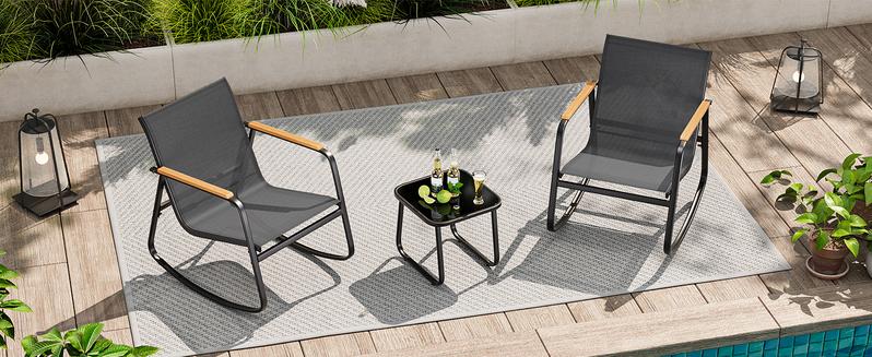 Gizoon 3 Piece Rocking Bistro Set, Textilene Fabric Patio Furniture Set, Front Porch Rocker Chairs with Coffee Table for Lawn, Garden, Balcony, Poolside (Black)
