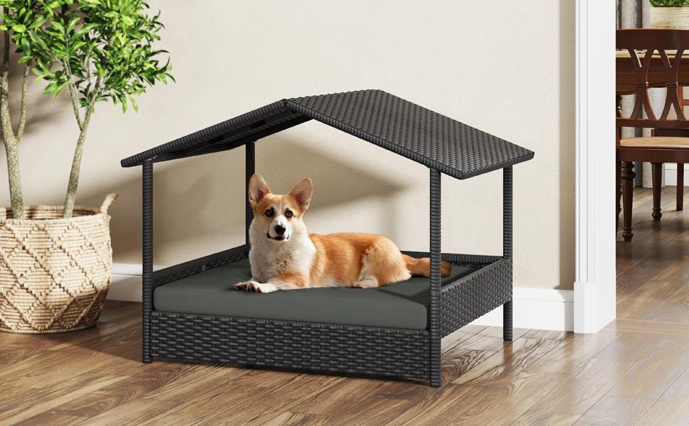 Yaheetech Rattan Dog House, Outdoor Elevated Dog/Cat/Rabbit Bed with Canopy and Foam Cushion, Raised Pet House for Indoor and Outdoor