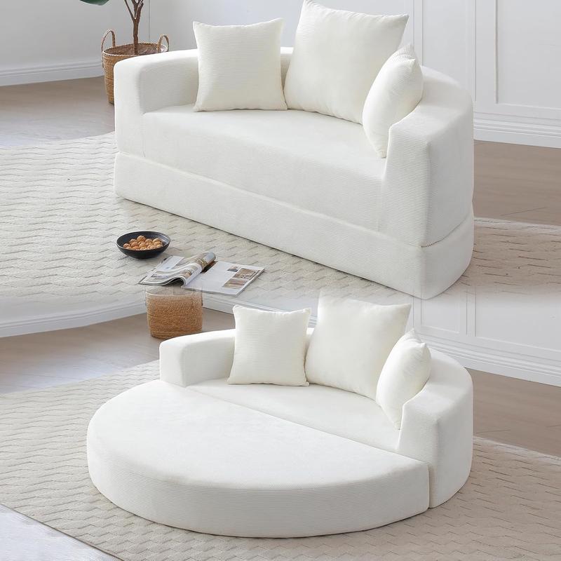 Round Boneless Couch, Corduroy Upholstered Folding Convertible Sofa Bed with Pillows, 2-in-1 Futon Sofa Bed with Half-Circle Design, Comfy Loveseat for Living Room, Apartment (Beige)