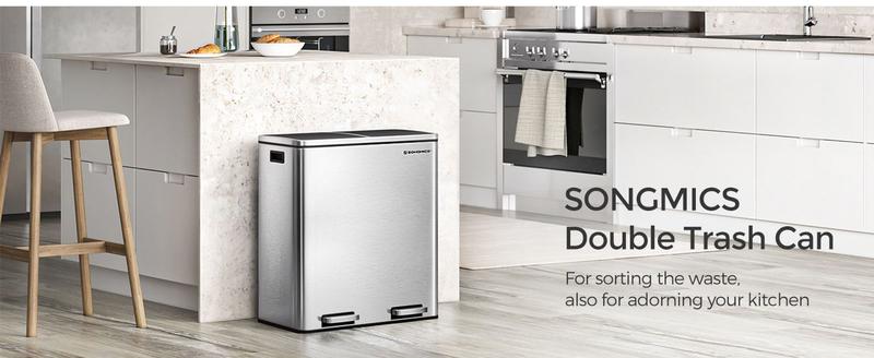 SONGMICS Trash Can 2 x 8 Gallon (2 x 30 L) Kitchen Garbage Can with 15 Trash Bags, Plastic Inner Buckets & Hinged Lids