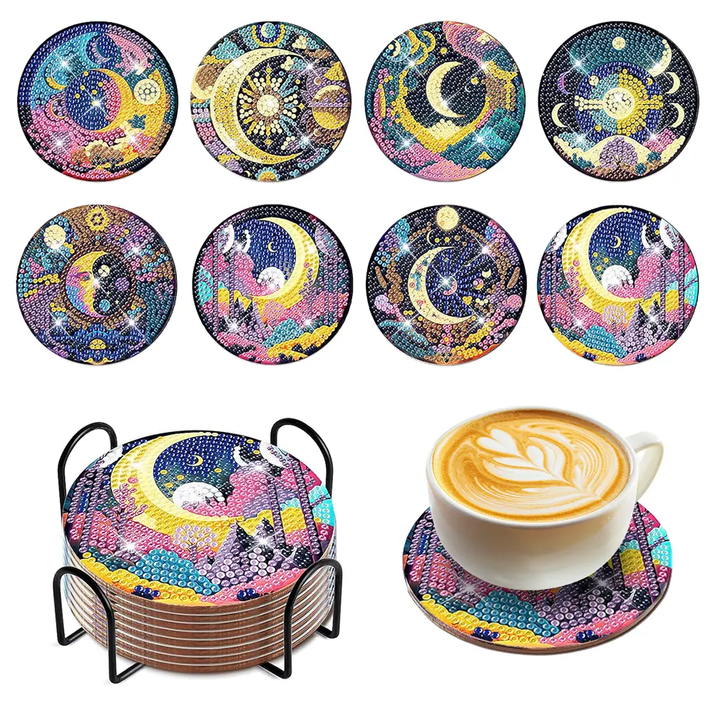 8-Pcs Mystical Moon Style Diamond Painting Drink Coasters with Tray, Colorful Acrylic Coasters for Drinks & Tea, DIY Craft Supplies for Beginners, Stress Relief Home Tableware, Adult Birthday Party Gift, Clay