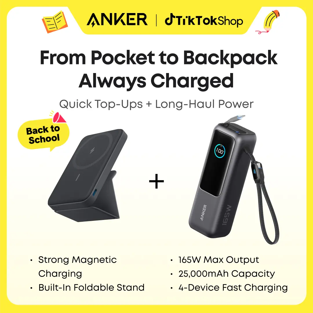 Anker 25000mAh 165W Power Bank Charger with Built-In & Retractable USB-C Cables, plus 5000mAh Magnetic Portable Charger (4-Port Compatible), Adulting Gifts