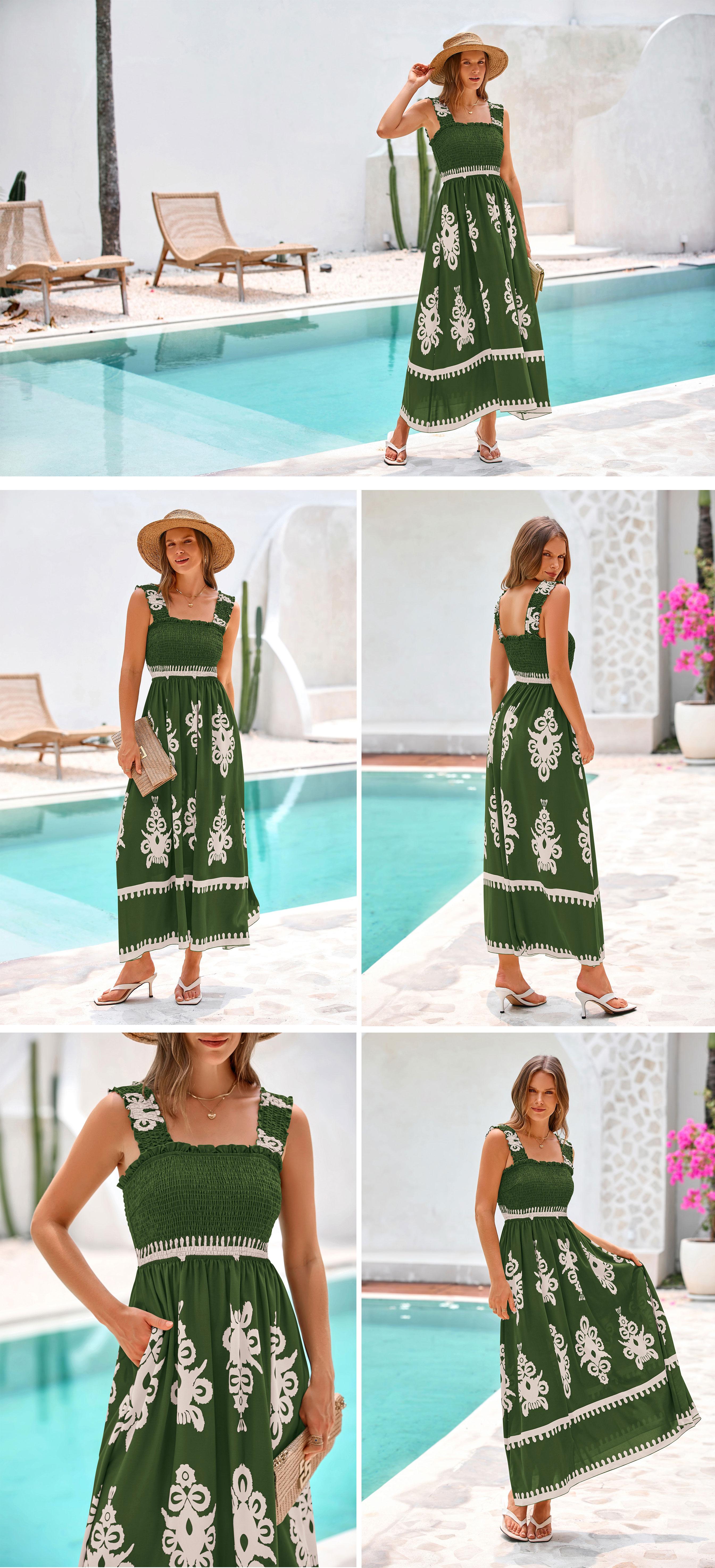 PRETTYGARDEN Women's Summer Boho Maxi Dress Casual Sleeveless Square Neck Floral A Line Smocked Beach Dresses with Pockets Bohemian 100% Polyester Machine Washable