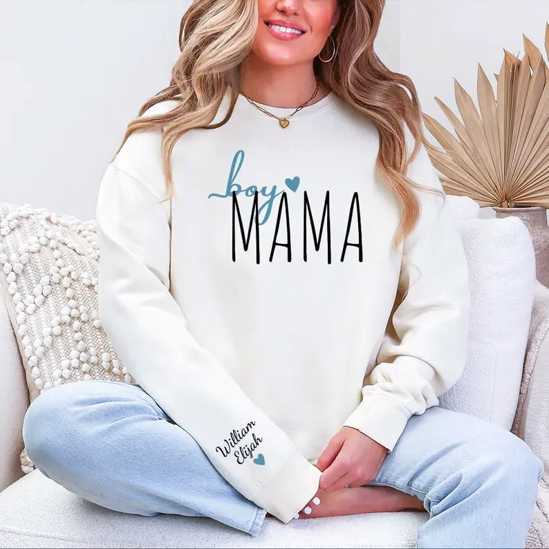 Personalized Boy Mama Sweatshirt With Kid Names On Sleeve, Mother’s Day Gift For Mom, Expecting Mom Gift