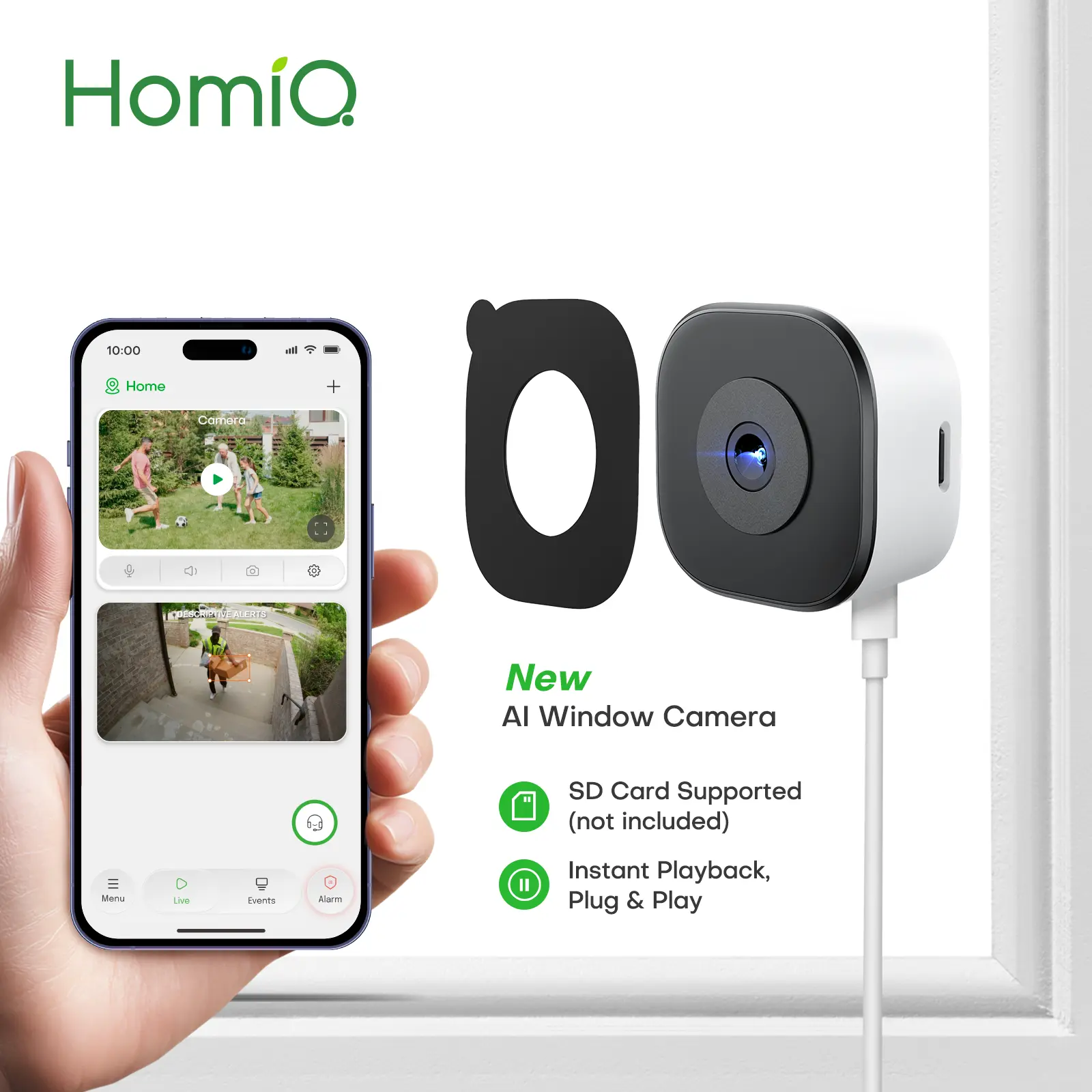 HomiQ.AI Window Security Camera 3MP 2K, Indoor WiFi Cameras 2.4GHz/5GHz with Colorvue AI Color Night Vision, Motion & Person Detection with Auto-Focus , Easy Installation, 24/7 Recording