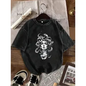 Vintage Washed Medusa Graphic T-Shirt, Oversized 100% Cotton Unisex Streetwear Tee for Daily Wear and Statement Outfits