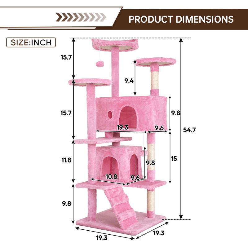BestOffice 54/70in Cat Tree Tower Multi-Level Durable Sisal Scratching Post Cozy Fun Jumping Platform Space Saving Condo Play House for Indoor Cats Home