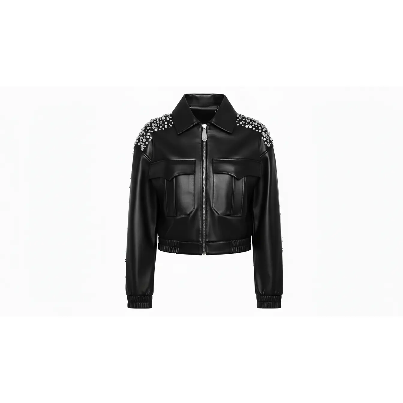 Women’s Black Sheep Leather Cropped Jacket Crystal Embellished Fashion Outerwear