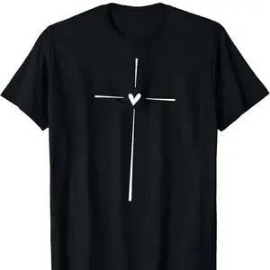 Women's Cross & Heart Print Round Neck Tee, Graphic Tees, Fashion Casual Crew Neck Short Sleeve T-shirt for Daily Wear, Vintage Graphic Tees, Cotton