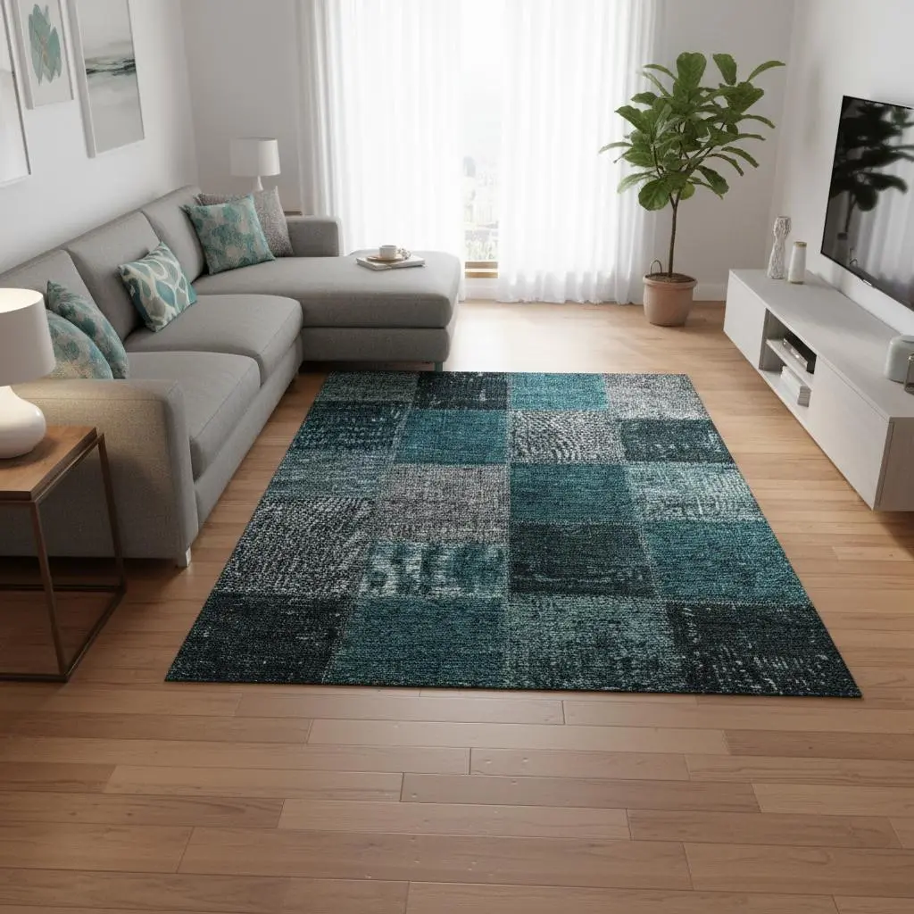 HomeRoots 655208 Oversized 8' x 10' Rectangular Indoor Teal & Gray Patchwork Print Polyester Fiber Area Rug, Machine-Made, Washable, Stain-Resistant, UV-Protected, Non-Customized