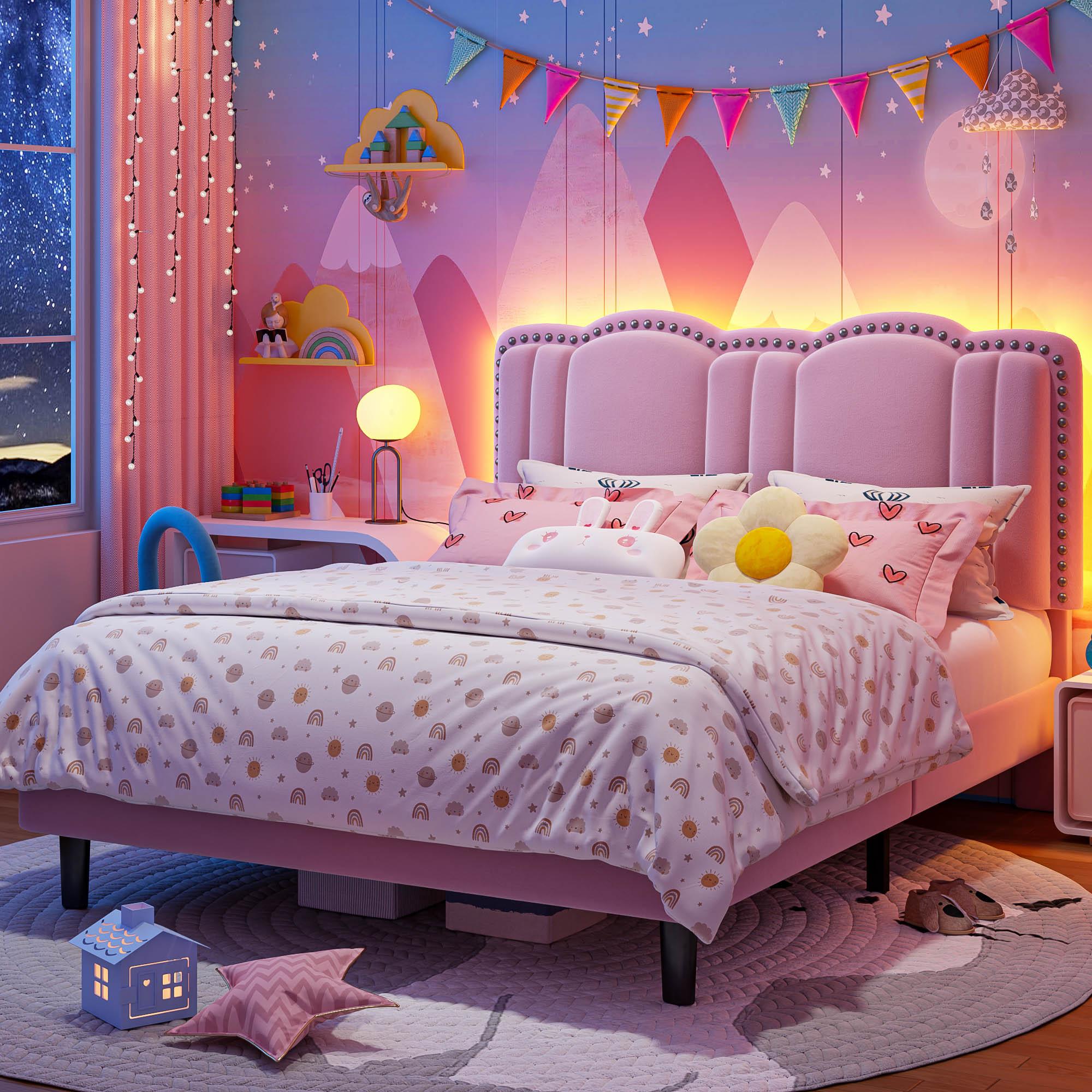 Raybee Furniture Full/Queen Size Upholstered Bed Frame with Velvet Cloud Headboard, Pink Princess Bed Frames with Storage Drawer and LED, Headboard Height Adjustable, Strong Support, No Box Spring Needed, Easy Assembly [Black Friday]