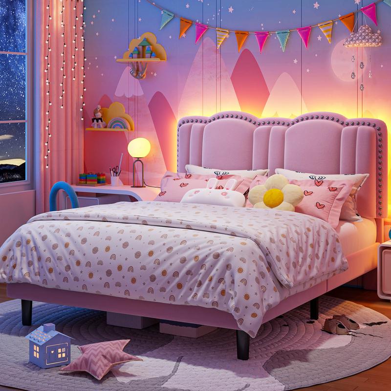 Raybee Furniture Full/Queen Size Upholstered Bed Frame with Velvet Cloud Headboard, Pink Princess Bed Frames with Storage Drawer and LED, Headboard Height Adjustable, Strong Support, No Box Spring Needed, Easy Assembly [Black Friday]