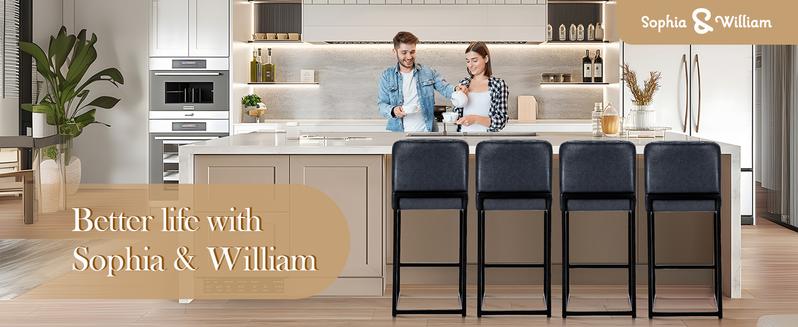 【Sophia & William】Modern Bar Stools Set of 1/2/3/4, 24'' PU Leather Counter Height with Back, Waterproof, Metal Frame, Kitchen Island & Home Bar Chairs