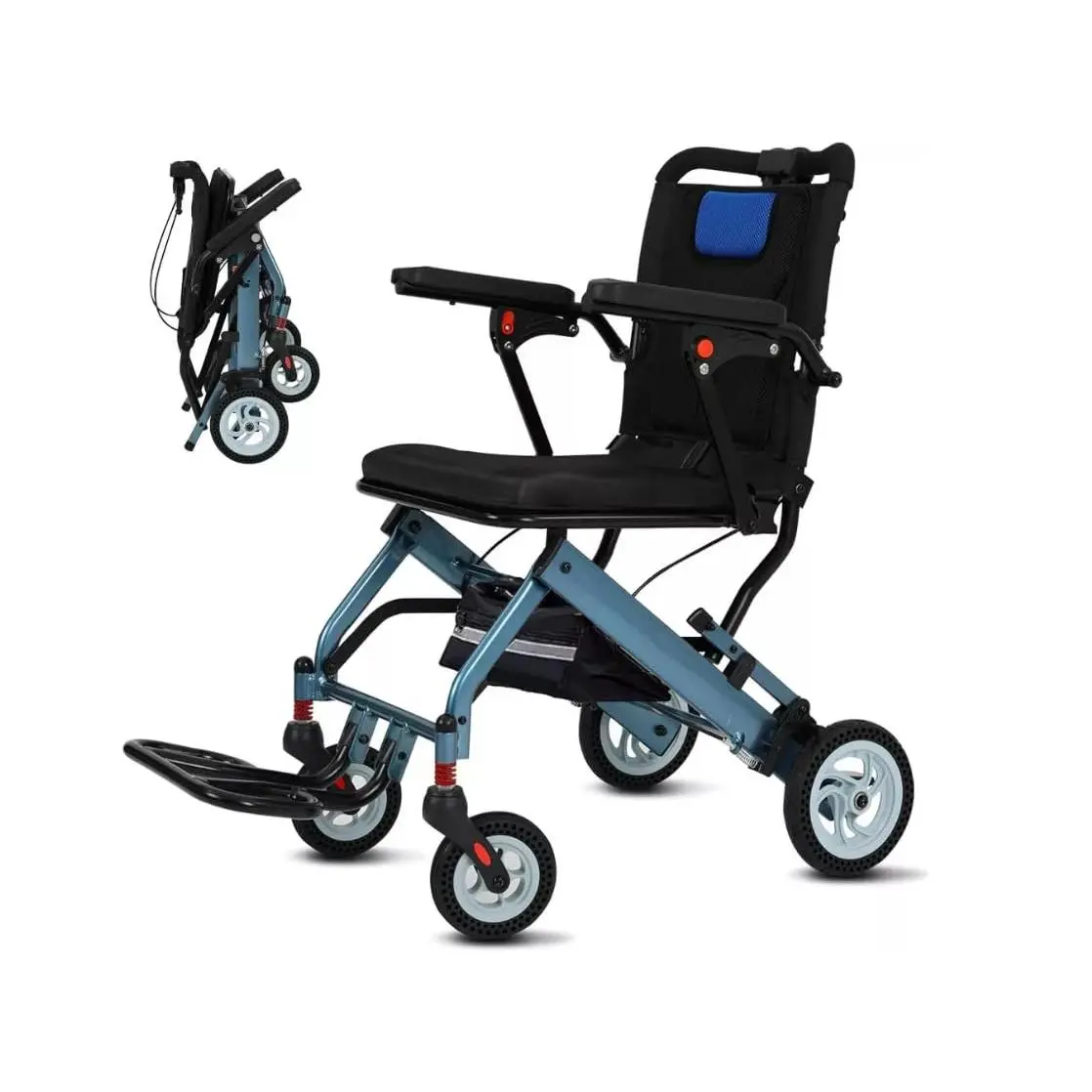 Ultra-Lightweight Folding Transport Wheelchair for Adults, 16" Wide Seat, Aircraft-Grade Aluminum Frame, Removable Reversible Armrests, Swing-Away Footrests, 8" PVC Rear Wheels with Dual Handbrakes, Durable Mobility Aid