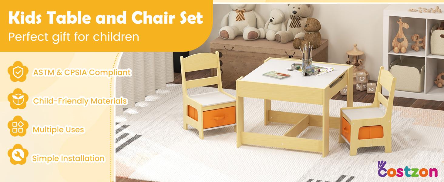 Costzon Kids Table and Chair Set, 3 in 1 Wooden Activity Table with Storage Space, Detachable Tabletop for Playroom, Nursery,Christmas Festival Gift Black Friday Cyber Monday