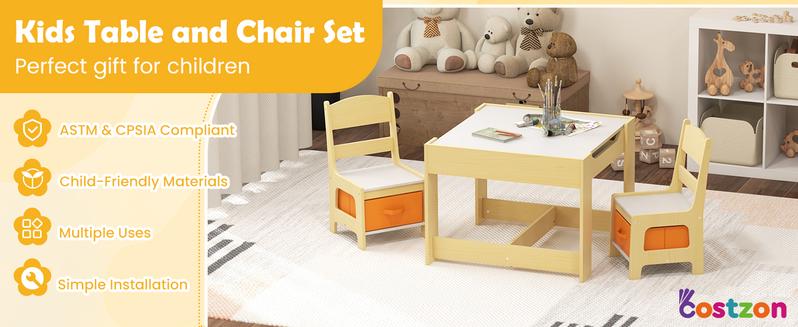 Costzon Kids Table and Chair Set, 3 in 1 Wooden Activity Table with Storage Space, Detachable Tabletop for Playroom, Nursery,Christmas Festival Gift Black Friday Cyber Monday