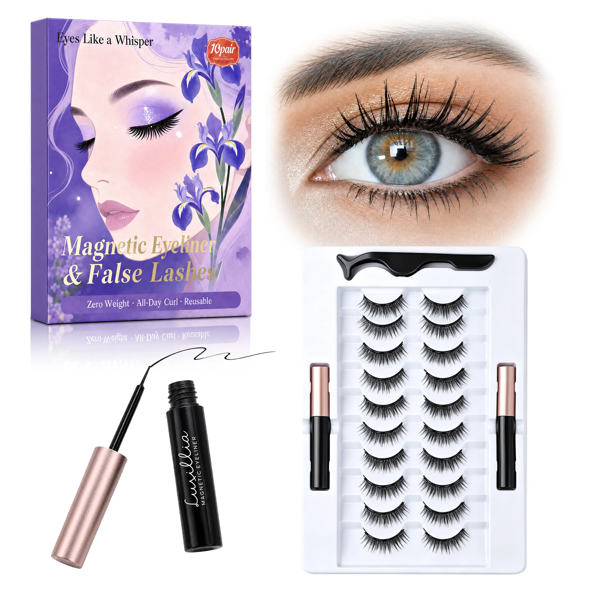 Magnetic Eyelashes and Eyeliner Kit - 10 Pairs Reusable, Glue-Free with Applicator, Waterproof Grip, Sensitive Safe, Lightweight Daily Wear Eye Makeup Set for Curled Lash Looks