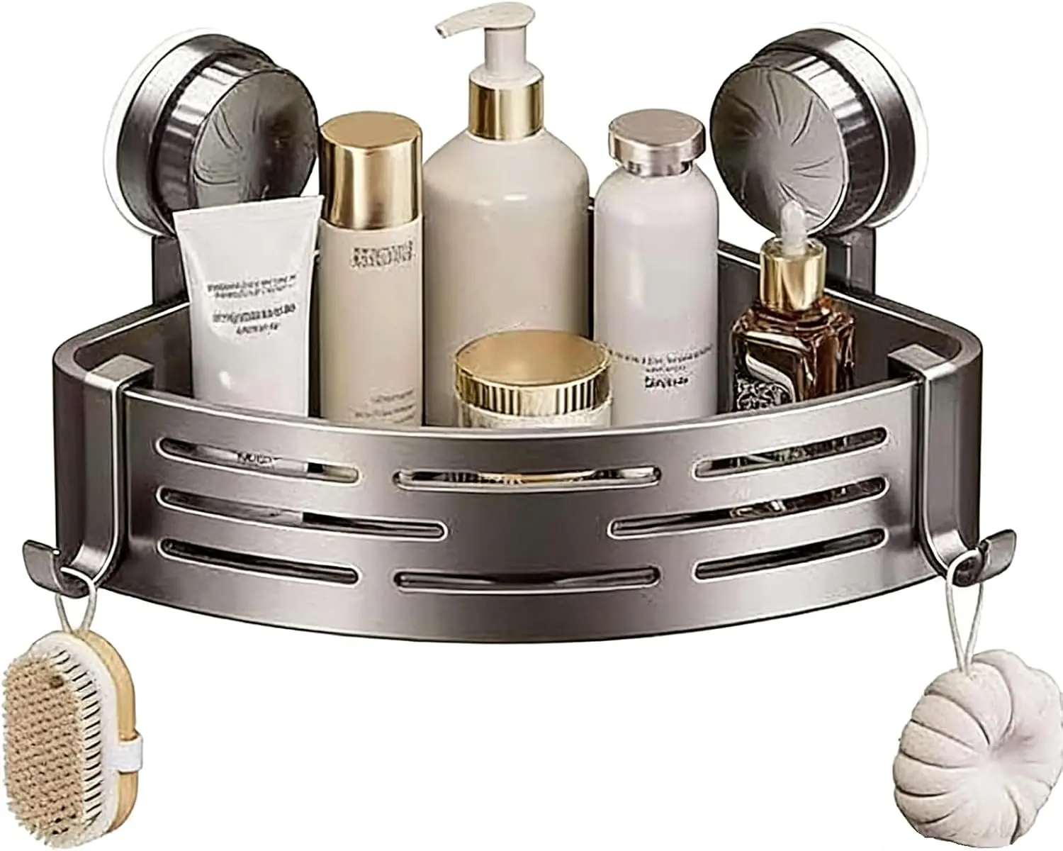 Adhesive Suction Cup Corner Shower Shelf, No Drilling Bathroom Shower Organizer Storage Rack