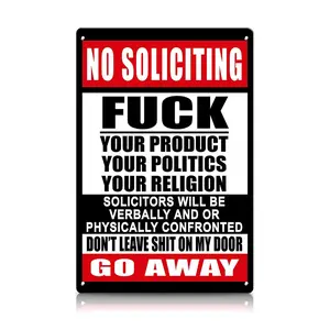 No Soliciting "F" Your Products Go Away Own Risk Sign 12"X8" Humorous Funny Tin Sign for Cabin Garage Courtyard Outdoor Decorative Easy Hanging Aluminium Gift Design Humorous