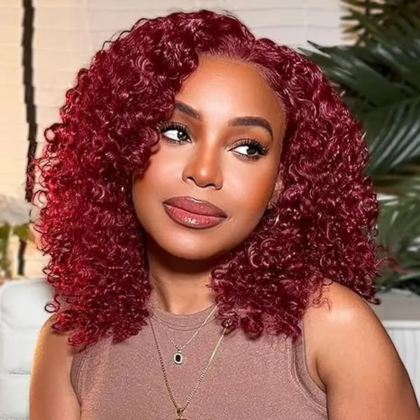 Wear and Go Glueless Wigs Human Hair Pre Plucked Pre Cut 99j  Burgundy Lace Front Wigs for Black Women 180 Density Water Wave Bob Wig Colored Human Hair Curly Wig (99j  Burgundy Color, 12 Inch)