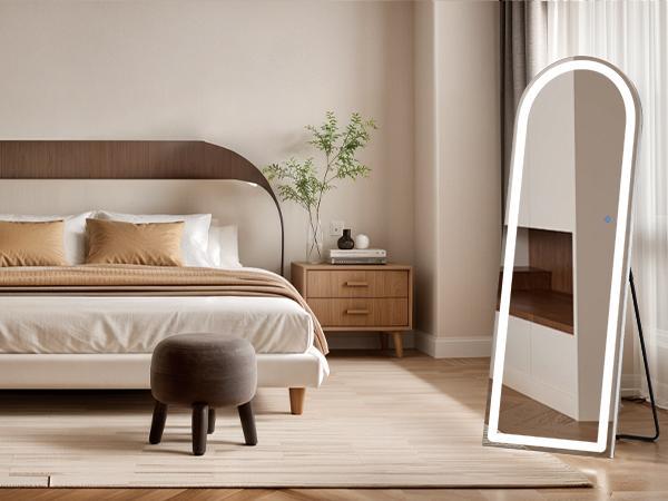 Mirror Full Length Standing with LED Lights, Floor Mirror with Stand, w/Dimming & 3 Color Lighting, Wall Mirror Aluminum Alloy Decor