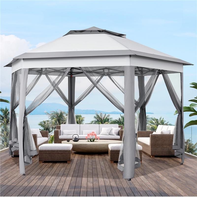 【Remote Control Light Gazebo】Yaheetech 13x13 Pop-up Gazebo Tent with Mesh Netting Sides, 25 Solar LED Lights, 3 Height Adjustable Features & Storage Bag