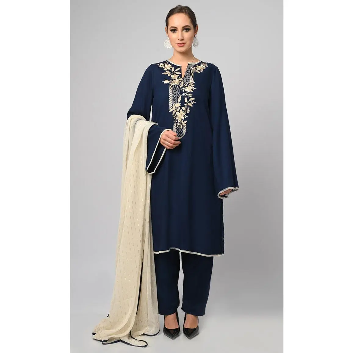 Kashmiri Embroidered Navy Rayon Phiran With Salwar And Dupatta