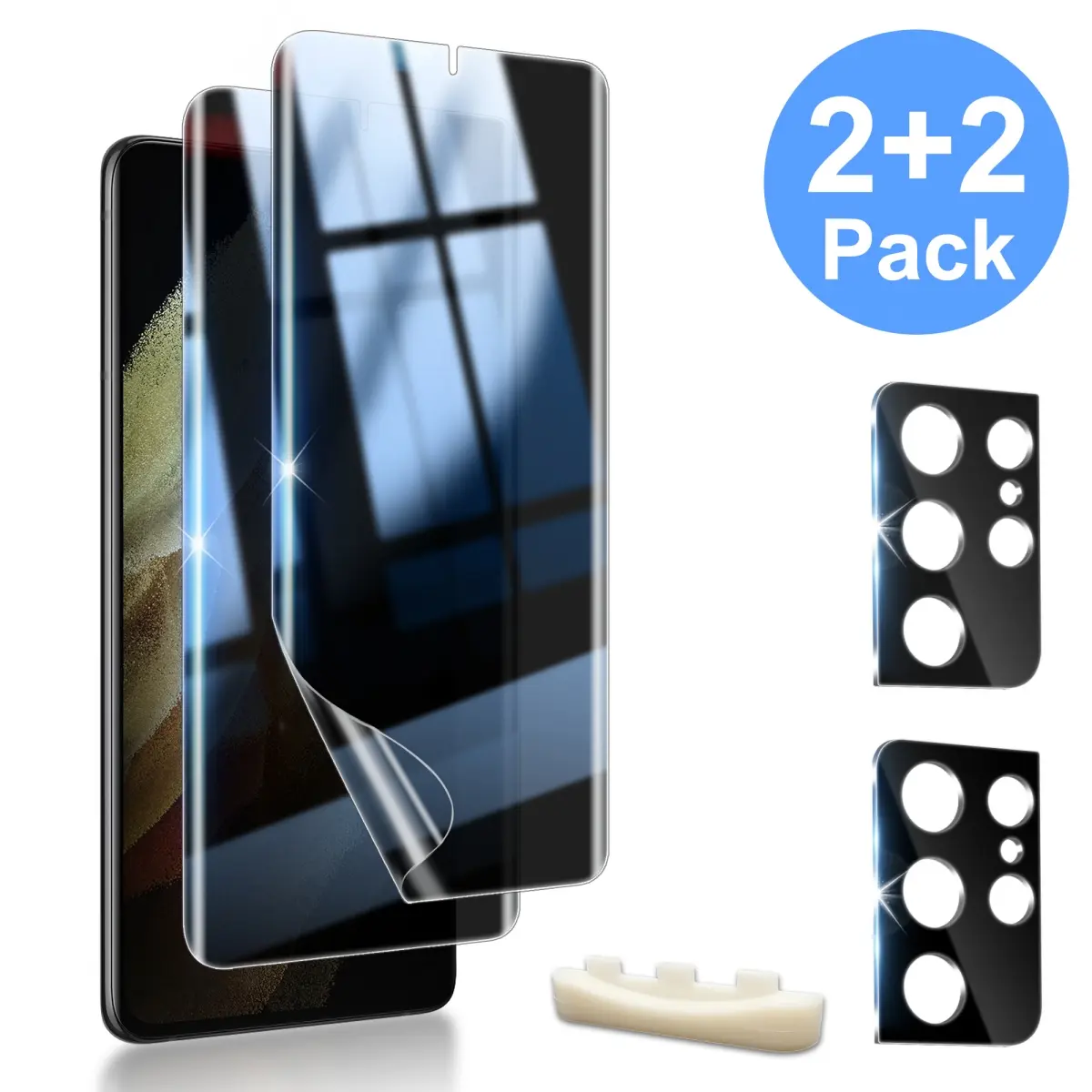 JavoYion 2+2 pack for Samsung Galaxy S21 Ultra - 2 Pack Privacy Soft Film + 2 Pack Lens Protector - Fingerprint Unlock Compatible, 28° Anti Spy, Easy Installation, Bubble-Free, Case Friendly, S21 Ultra soft screen protector, S21 Ultra phone case