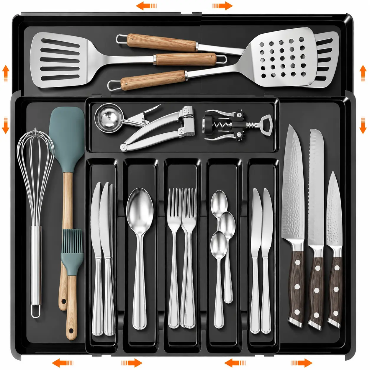 Snofrid Large Expandable Silverware Drawer Organizer with Buckle, BPA-Free Kitchen Accessory, 9-Slot Cutlery Tray with Dividers, Adjustable Large Slot Flatware Storage Holder for Spoons, Forks, Knives,dorm room inspo,college dorm essentials,dorm haul